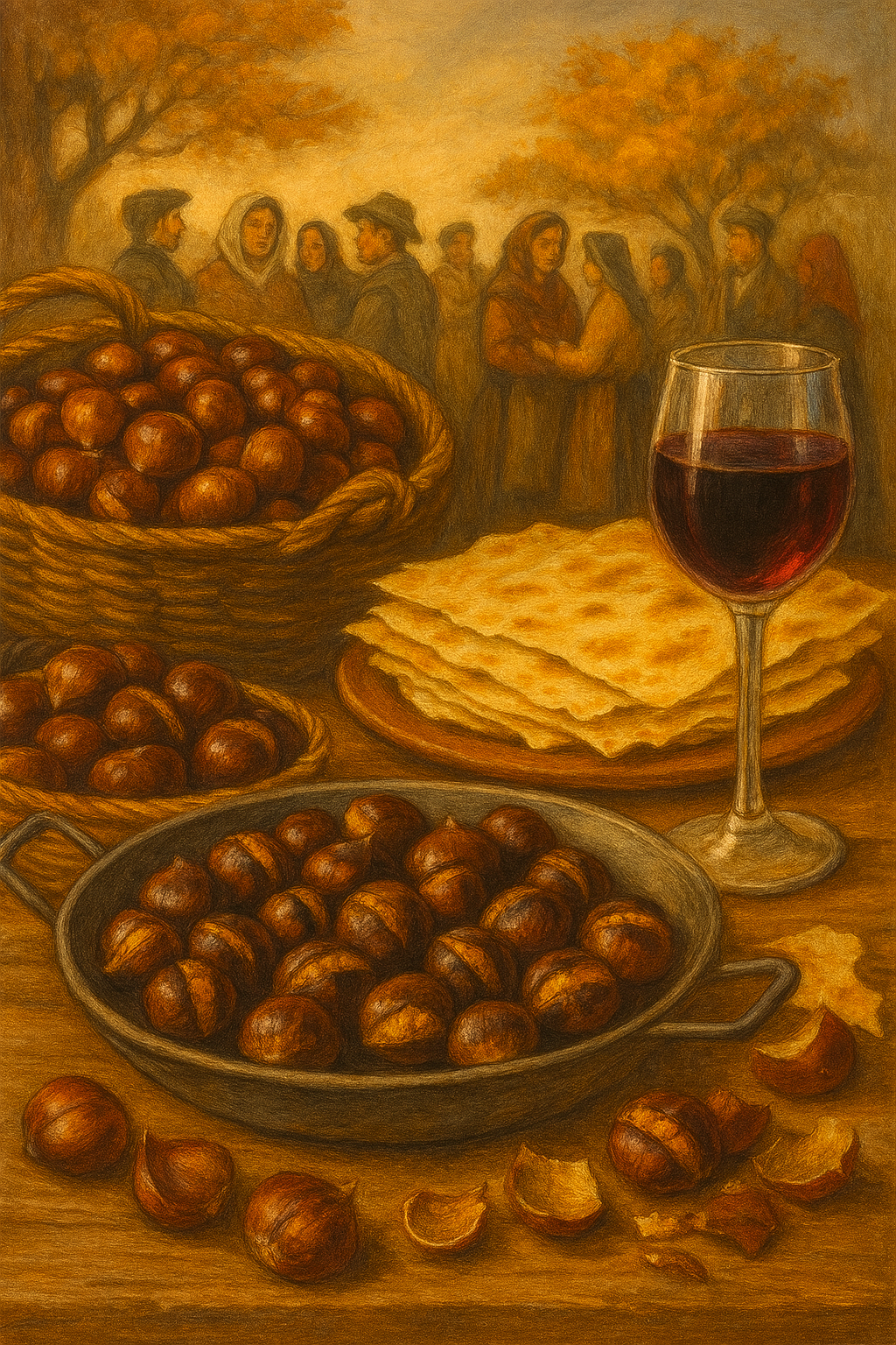 Festa della Castagnata al Circolo Logudoro di Pavia: tavoli rustici con castagne, pane carasau e vino, atmosfera autunnale e comunitaria.