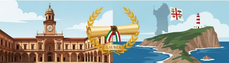 Illustrazione premio di laurea Gesuino Piga: Palazzo Centrale Università di Pavia, pergamena con nastro italiano e corona d'alloro, e panorama costiero sardo con faro e mappa Sardegna