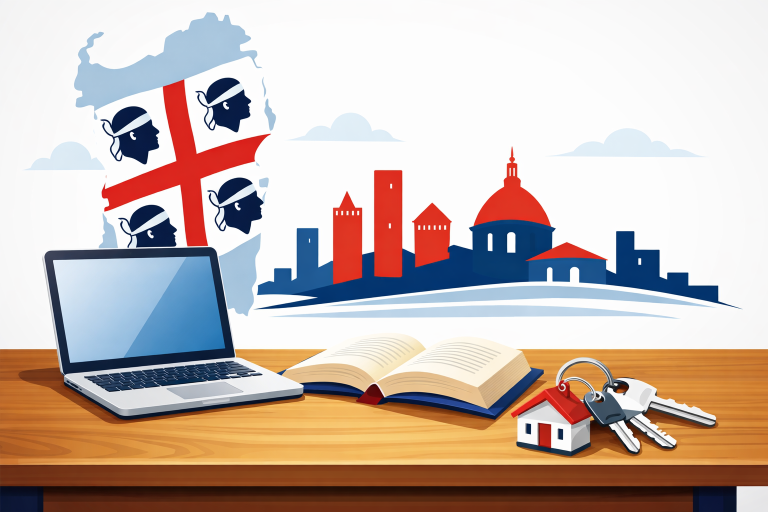 Scrivania da studente con laptop, libro universitario e chiavi di casa, sullo sfondo la Sardegna con la bandiera dei Quattro Mori e lo skyline stilizzato di Pavia.