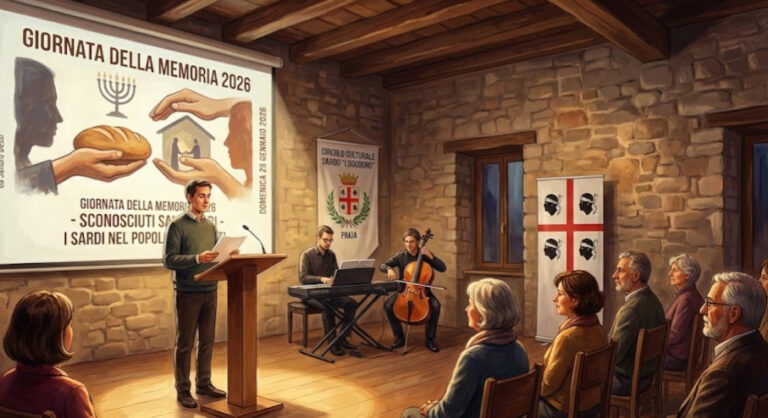Illustrazione per il concerto narrativo 'Sconosciuti Salvatori - I Sardi nel Popolo dei Giusti' presso il Circolo Sardo Logudoro di Pavia.