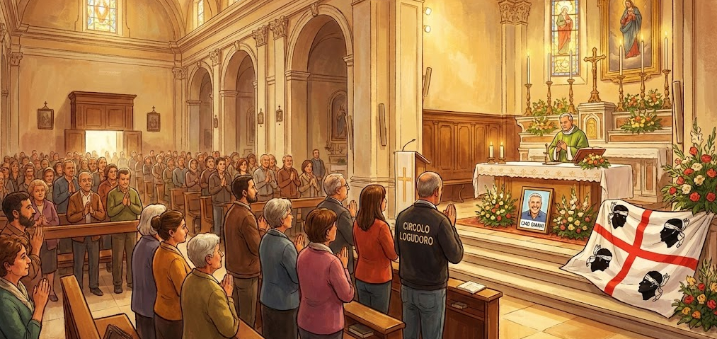 Illustrazione della comunità riunita per la messa di suffragio di Gianni Marche presso la chiesa di San Carlo Borromeo a Pavia .