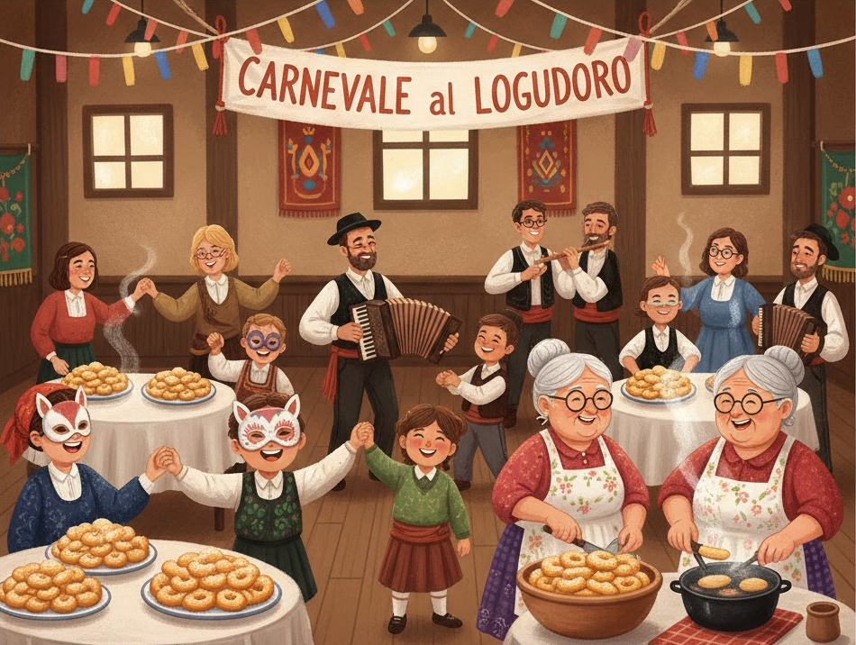 Illustrazione del Carnevale al Circolo Logudoro di Pavia con musica dal vivo, bambini in maschera e socie che preparano le frittelle sarde tradizionali.