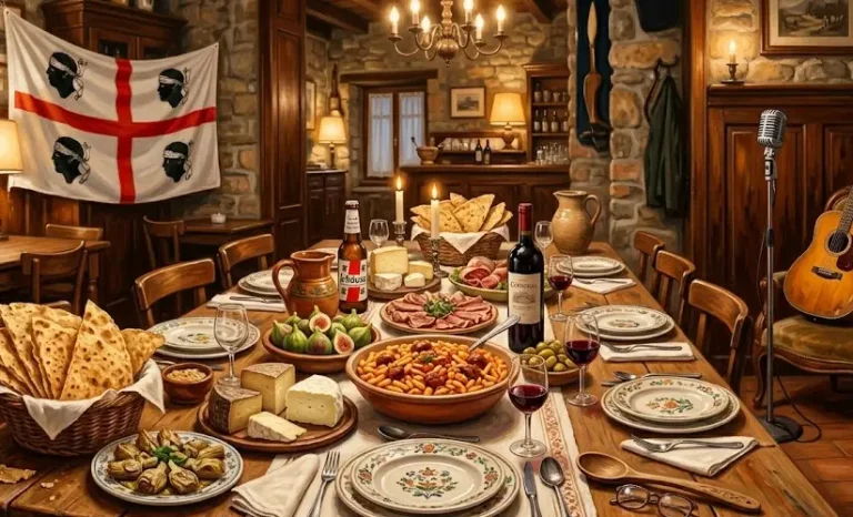 Tavola imbandita con eccellenze enogastronomiche sarde, pane carasau e formaggi tipici, accanto a una chitarra acustica e un microfono vintage in un'atmosfera calda e conviviale.