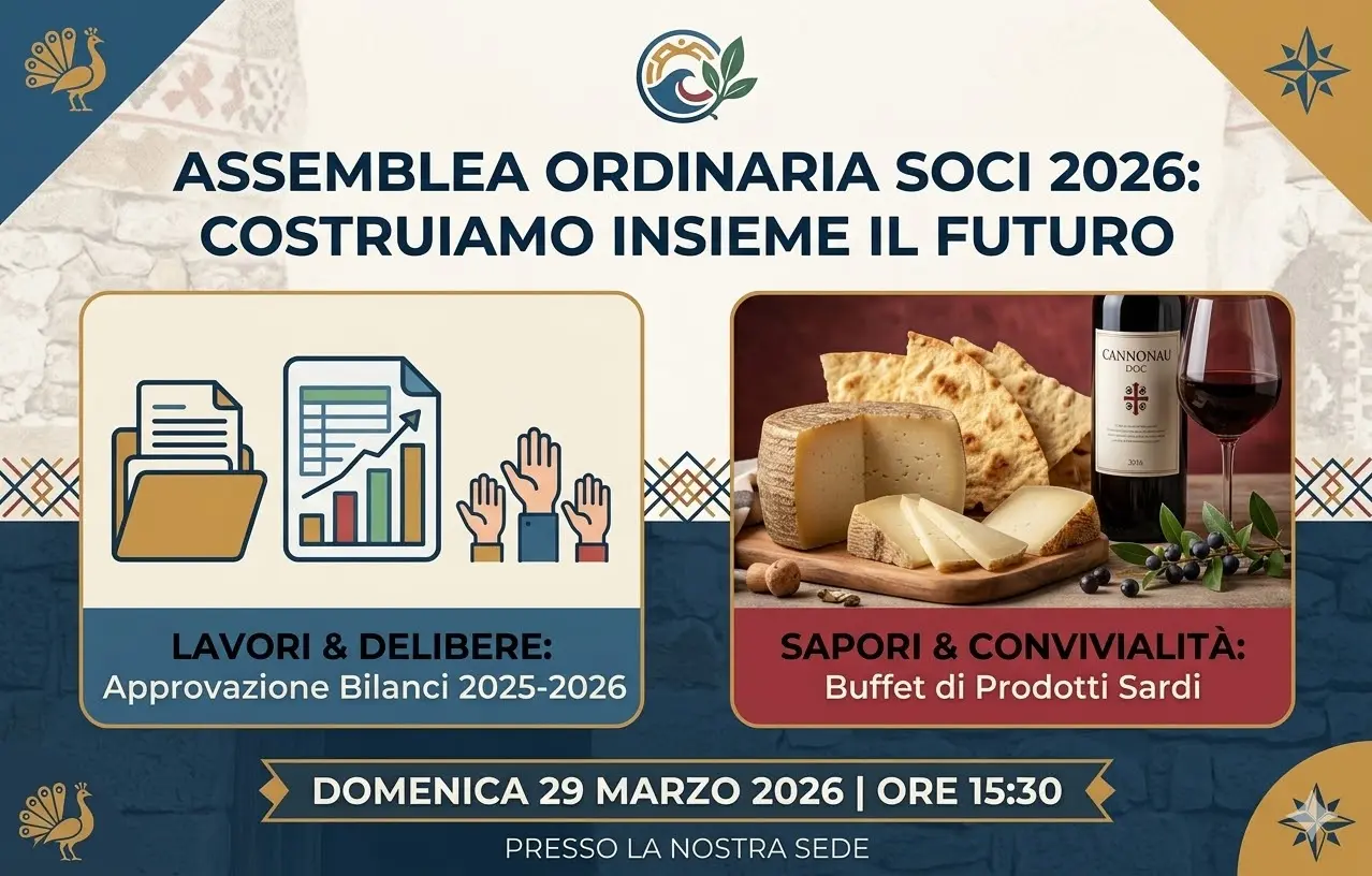 Locandina dell'Assemblea Ordinaria Soci 2026 del Circolo Culturale Sardo. L'immagine mostra a sinistra icone professionali relative all'approvazione del bilancio e a destra una composizione di prodotti tipici sardi come pecorino, pane carasau e vino Cannonau. In basso sono riportati la data del 29 marzo 2026 e l'orario delle 15:30.