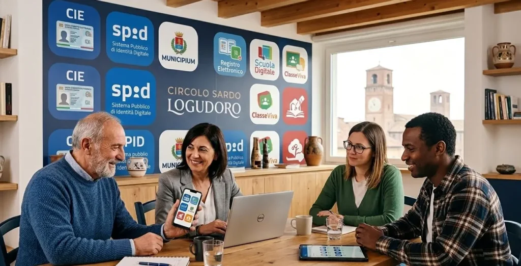 Un momento di formazione e supporto digitale presso il Circolo Sardo Logudoro di Pavia. Un gruppo intergenerazionale collabora attorno a un tavolo in un ambiente moderno e luminoso; sullo sfondo, una parete decorata con i loghi dei principali servizi della Pubblica Amministrazione (SPID, CIE, Municipium) e software scolastici, con una vista sfocata sulle torri storiche di Pavia.