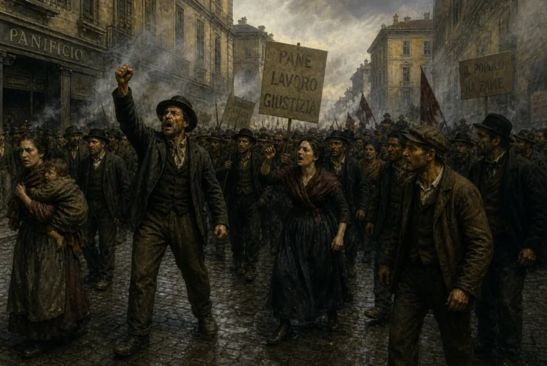 Quadro storico che raffigura la folla in protesta durante i moti del pane di Milano del 1898, una tappa fondamentale nella storia del Primo Maggio.