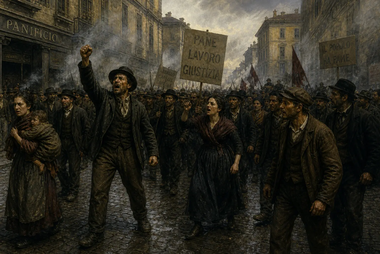 Quadro storico che raffigura la folla in protesta durante i moti del pane di Milano del 1898, una tappa fondamentale nella storia del Primo Maggio.