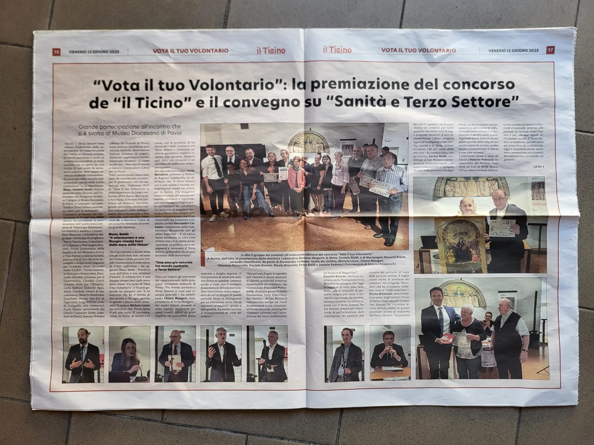 Articolo del settimanale Il Ticino dedicato alla premiazione del concorso Vota il tuo Volontario e al convegno su Sanità e Terzo Settore a Pavia.