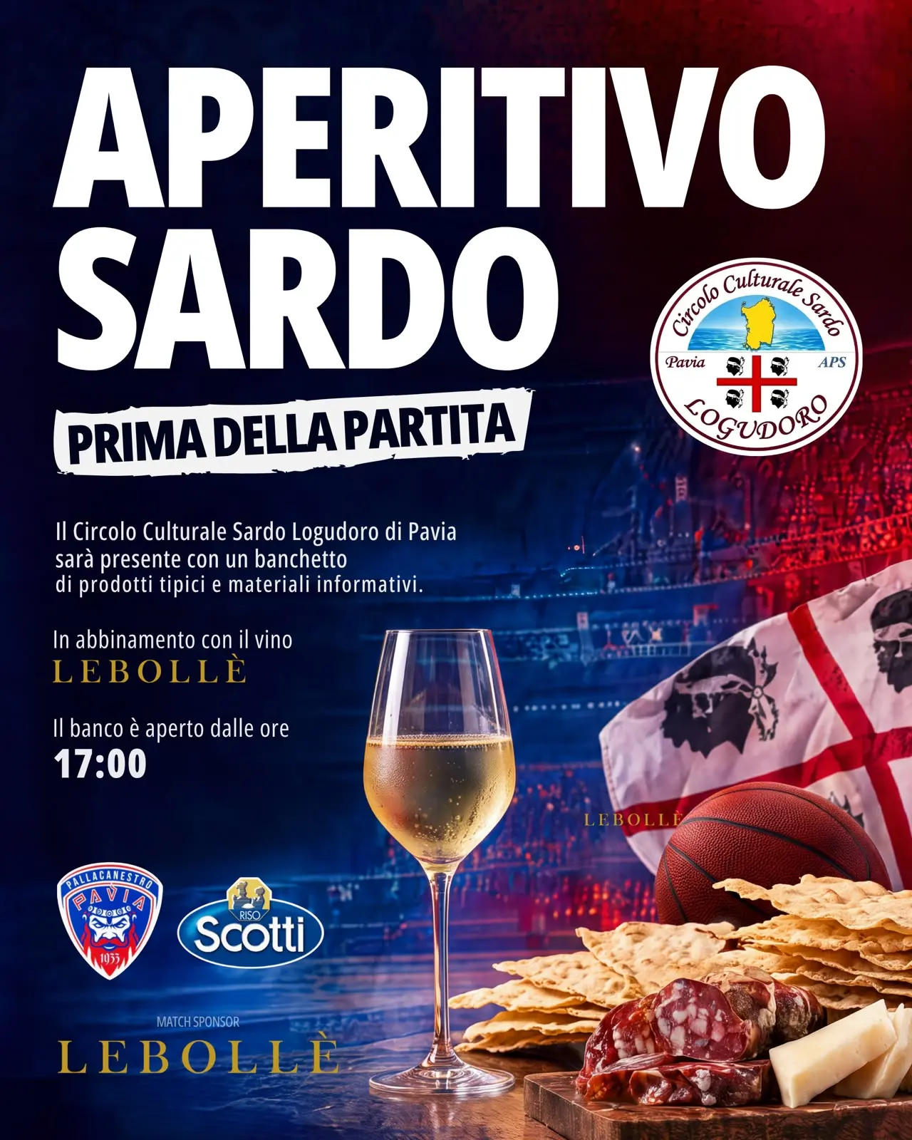 Locandina dell’aperitivo sardo del Circolo Logudoro al PalaRavizza, con apertura del banchetto alle 17:00.